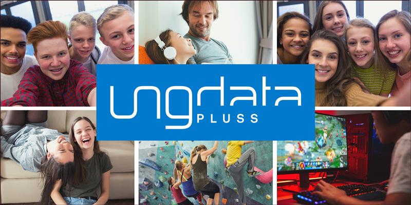 Sammensetning av seks bilder med barn og ungdom i ulike situasjoner og teksten ungdata pluss på midten i hvit skrift på blå bakgrunn.