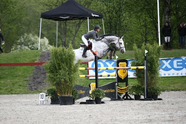 Sprangsidning, en hest med rytter på veg over et hinder