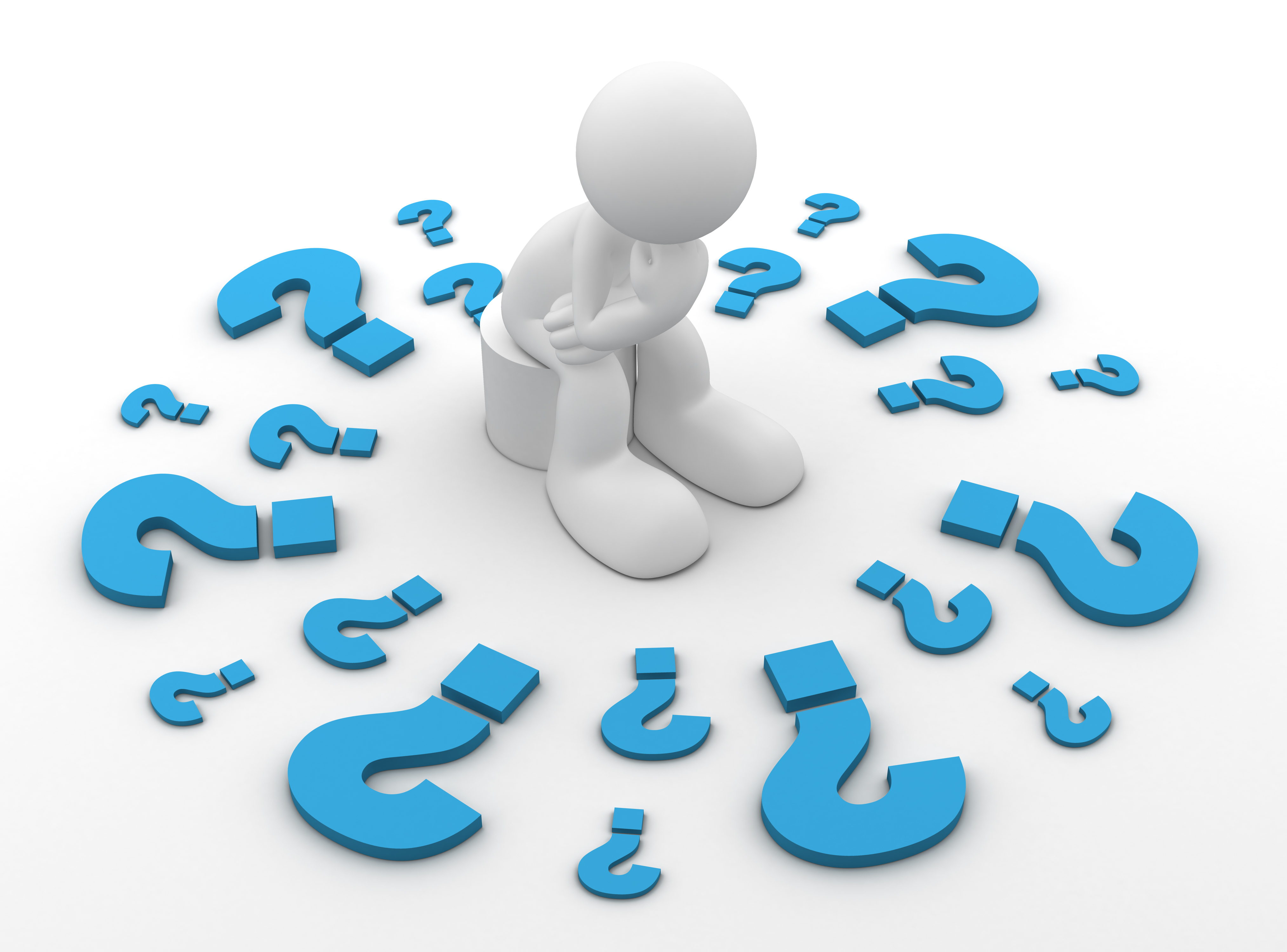 Hvit figur omgitt av blå spørsmålstegn