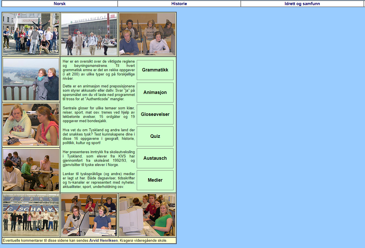 Skjermbilde av forsiden til skolens gamle hjemmeside, med faner, bilder og forklaring