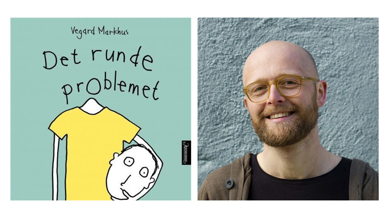 Boka "Det runde problemet" og et montert bilde av forfatteren Markhus