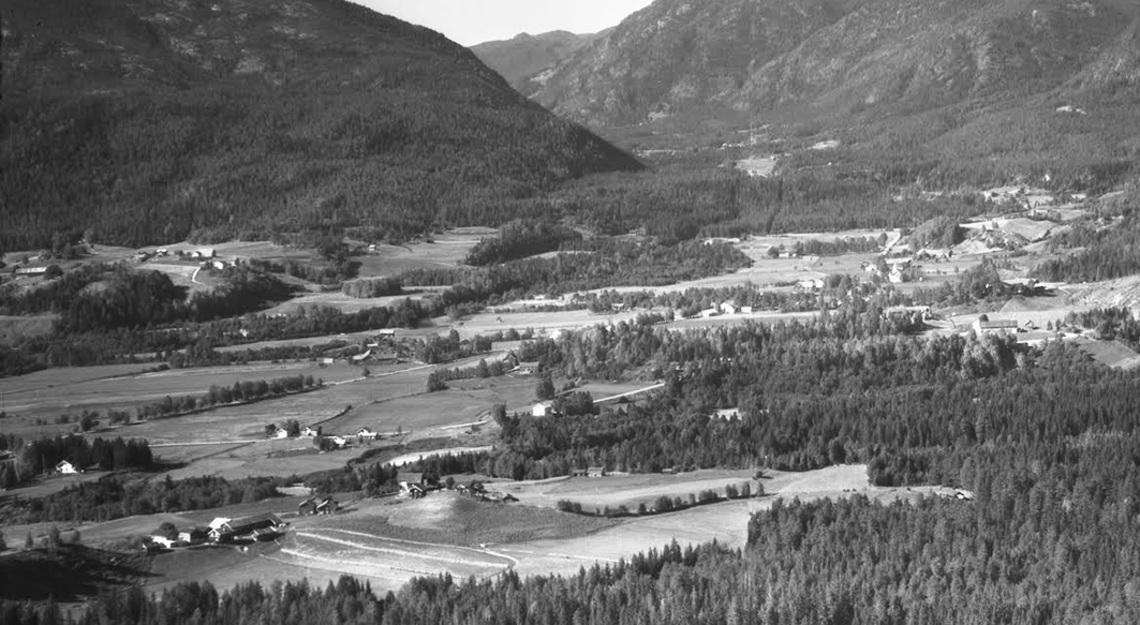 svart-hvitt bilde av landskap med åkrer og gårdsbruk