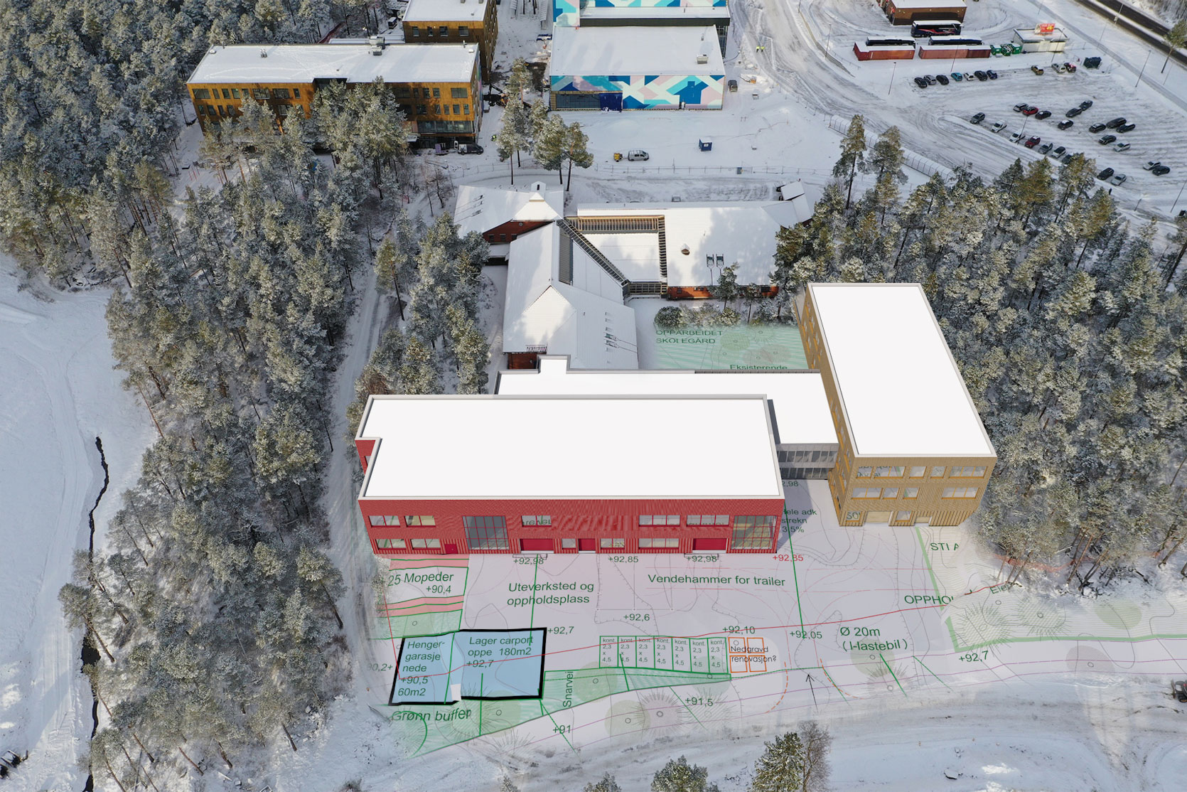 Tegning over nye tilbygg Bamble vgs