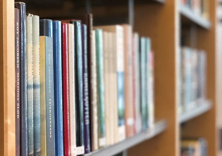 Nærbilde av en bokhylle med flere bøker i ulike farger og størrelser, stående tett ved siden av hverandre. Hyllen er av tre, og bakgrunnen viser flere lignende hyller litt ute av fokus.