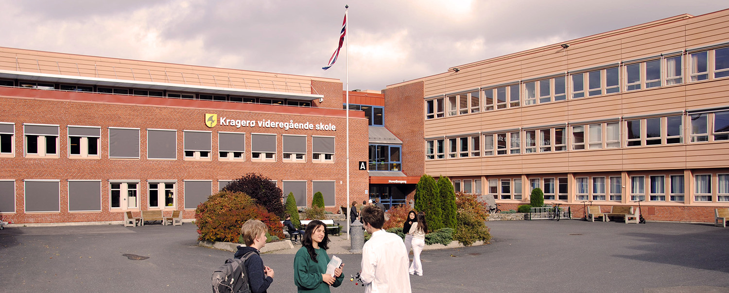 Elever prater foran skolebygg og flaggstang.